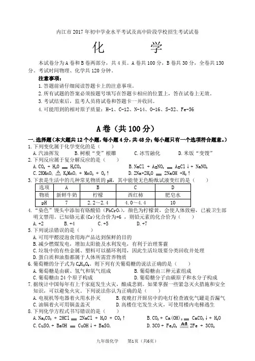 内江市2017年初中学业水平考试及高中阶段学校招生考试试卷