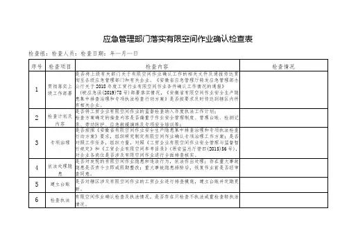 应急管理部门落实有限空间作业确认检查表