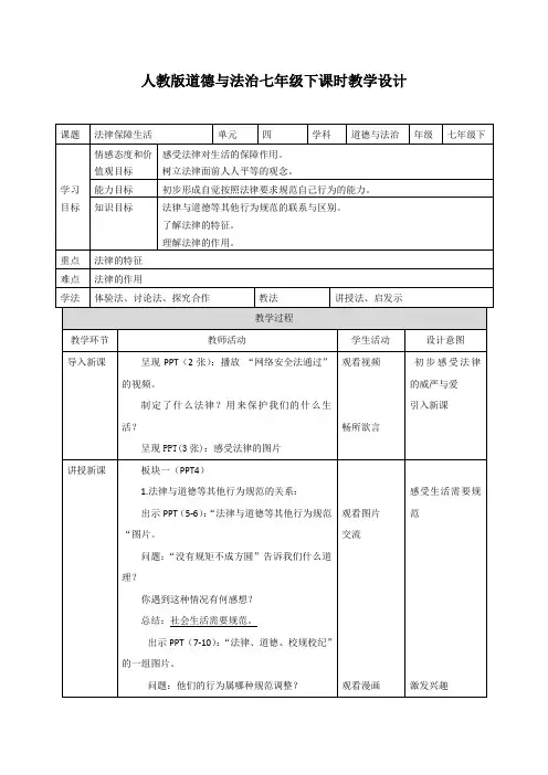 【整合】人教版《道德与法治》七年级下册_9.2 法律保障生活 教案共3篇(1)