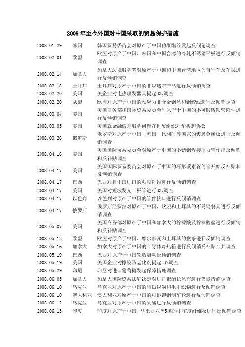2008年至今外国对中国采取的贸易保护措施