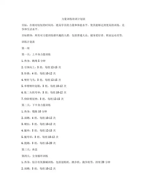 力量训练培训计划表