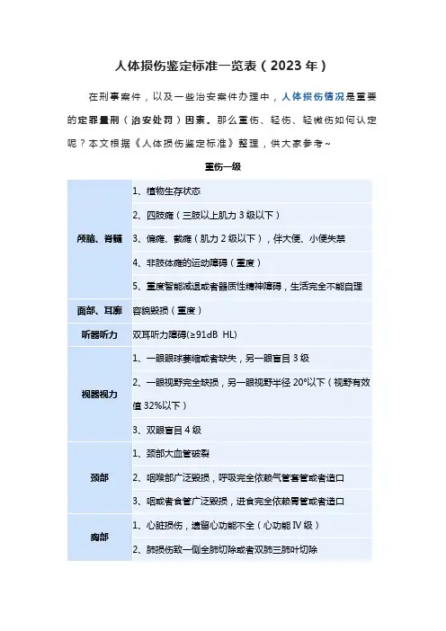 人体损伤鉴定标准一览表(2023年)