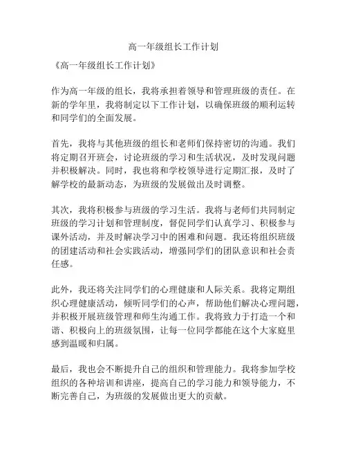 高一年级组长工作计划
