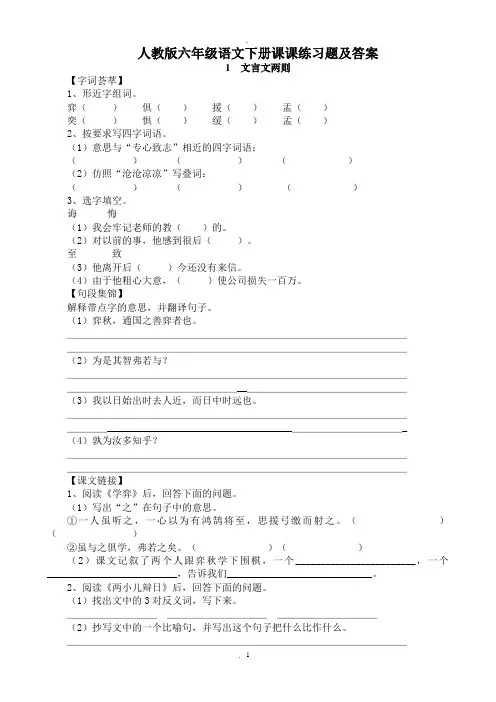 人教版六年级语文下册全册课课练习题及答案