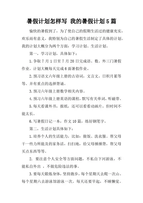 暑假计划怎样写 我的暑假计划5篇