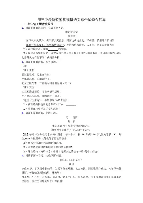初三中考诗歌鉴赏模拟语文综合试题含答案