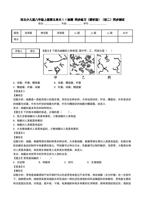 河北少儿版八年级上册第五单元1.1细菌 同步练习(解析版)(初二)同步测试.doc