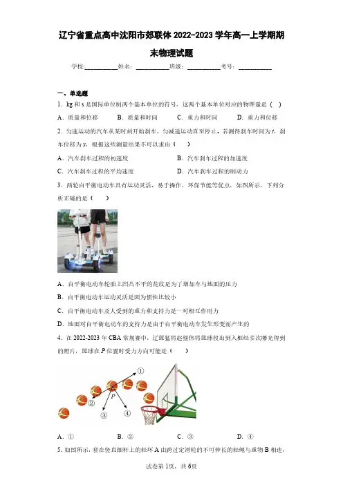 辽宁省重点高中沈阳市郊联体2022-2023学年高一上学期期末物理试题