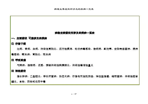 病猪主要症状所涉及的疾病一览表
