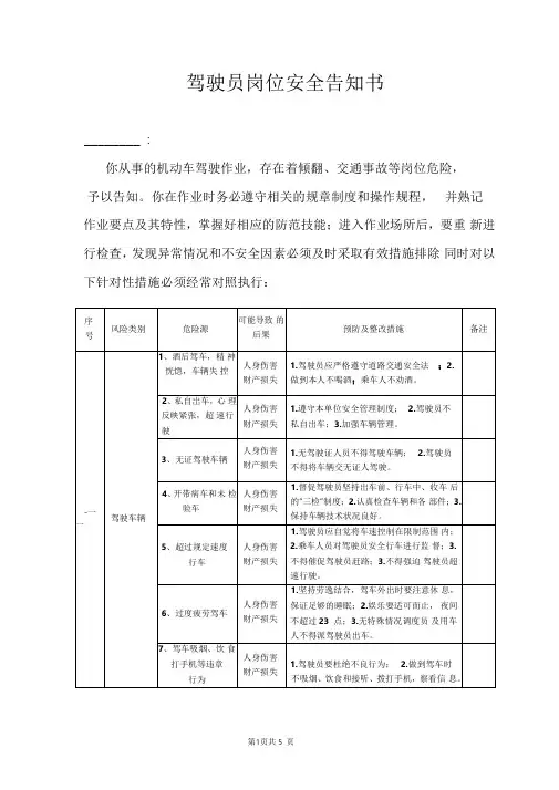 驾驶员安全告知