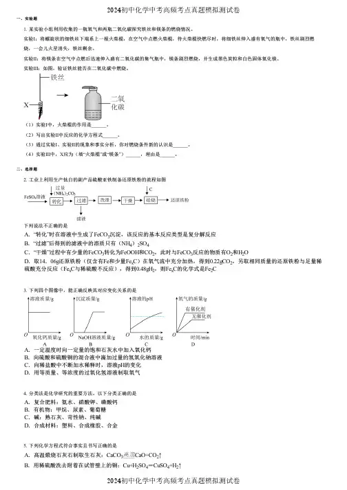 2024初中化学中考高频考点真题模拟测试卷 (6029)