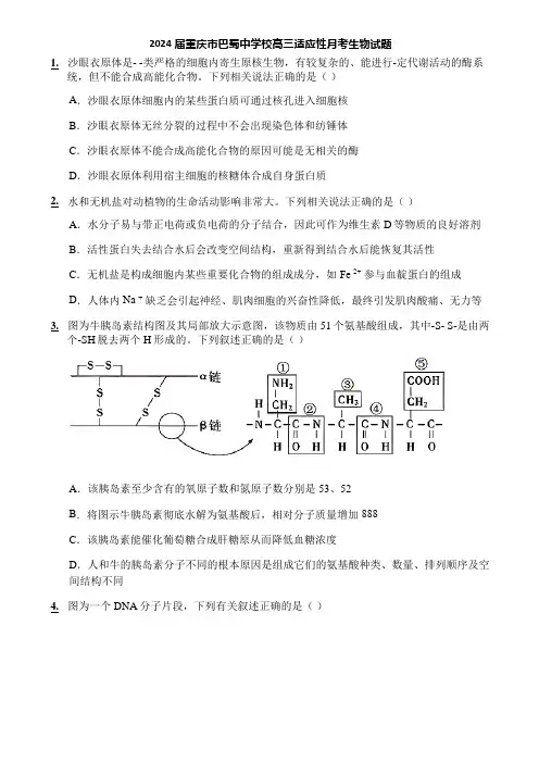 2024届重庆市巴蜀中学校高三适应性月考生物试题