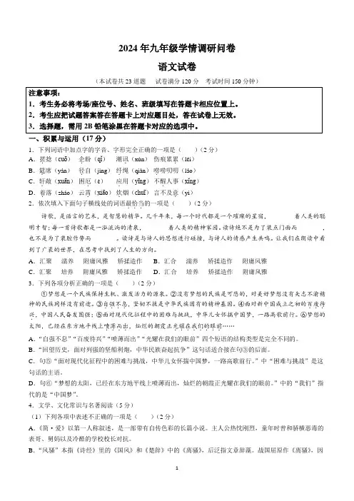 2024年辽宁省沈阳市和平区中考零模语文试题(含答案)