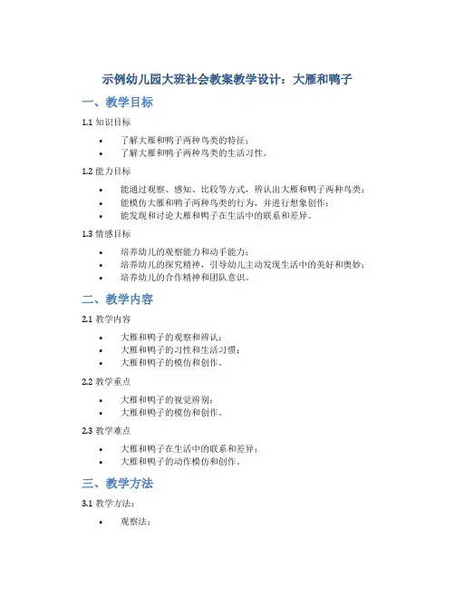 示范幼儿园大班社会教案教学设计：大雁和鸭子