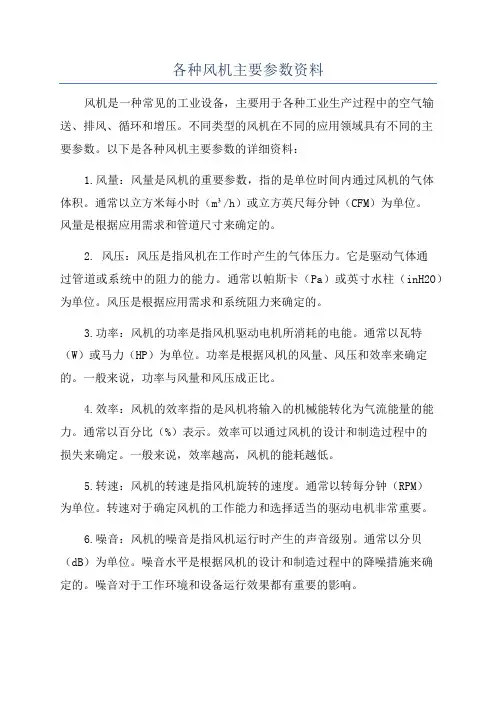 各种风机主要参数资料