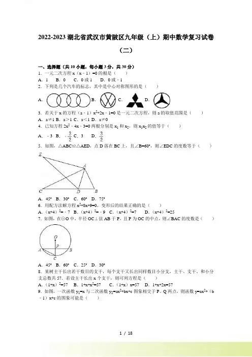 武汉市黄陂区九年级上期中数学复习试卷(二)含解析