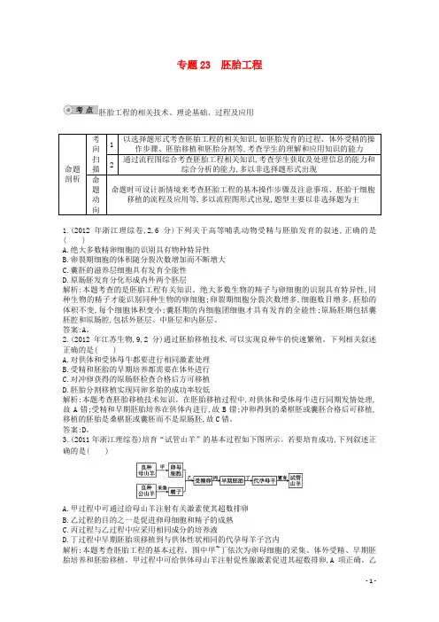 【人教版】2014届高三生物一轮复习 配套试题汇编 专题23 胚胎工程