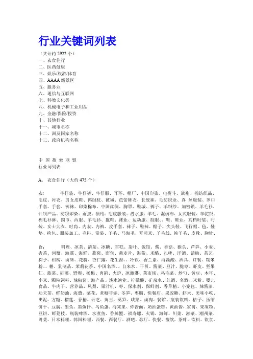 最新中国行业关键词列表大全