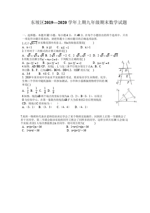 四川省眉山市东坡区2019-2020学年九年级数学上期末监测试题(Word版)