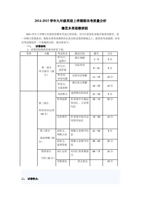 2014-2015学年九年级英语上学期期末考质量分析
