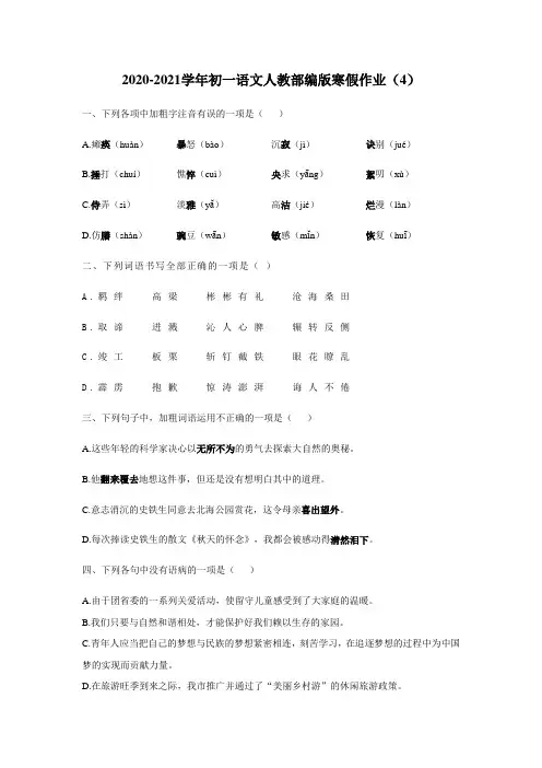 人教部编版七年级语文寒假作业(4)