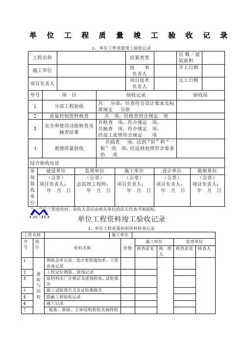单位工程质量竣工验收记录