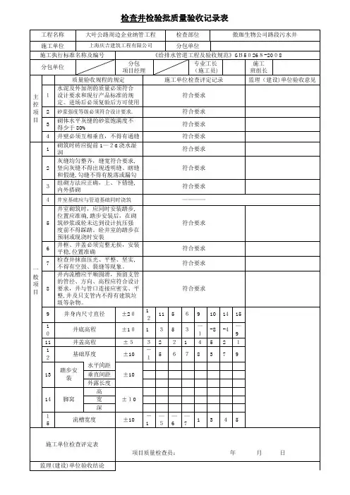 检查井检验批质量验收记录表【范本模板】