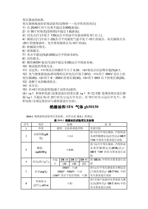 变压器油的标准