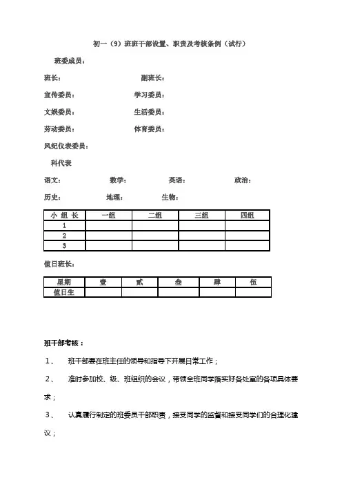 初一(9)班班干部设置、职责及考核条例(