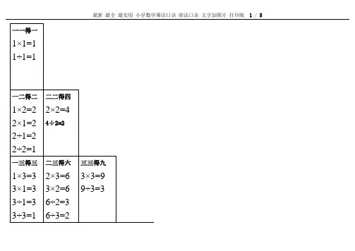 最新 最全 最实用 小学数学乘法口诀 除法口诀 文字加图片 打印版