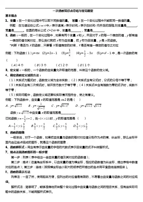 一次函数知识点归纳与常见题型