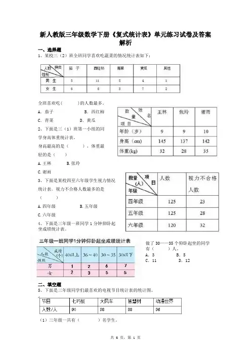 新人教版三年级数学下册《复式统计表》单元练习试卷及答案解析