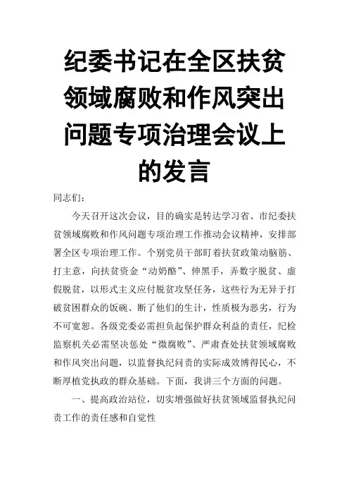纪委书记在全区扶贫领域腐败和作风突出问题专项治理会议上的发言