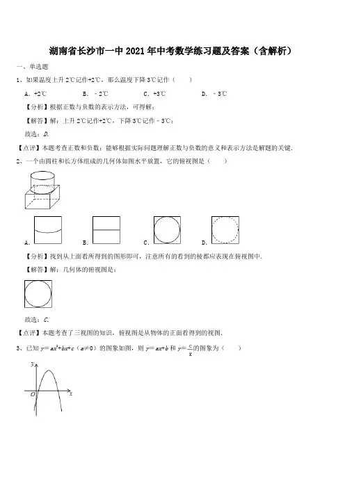 湖南省长沙市一中2021年中考数学练习题及答案(含解析)