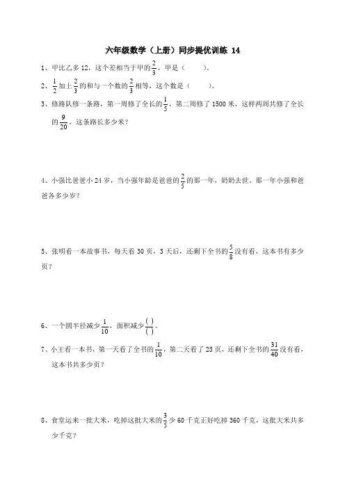 六年级上册数学单元测试- 同步提优训练 14 ∣ 苏教版
