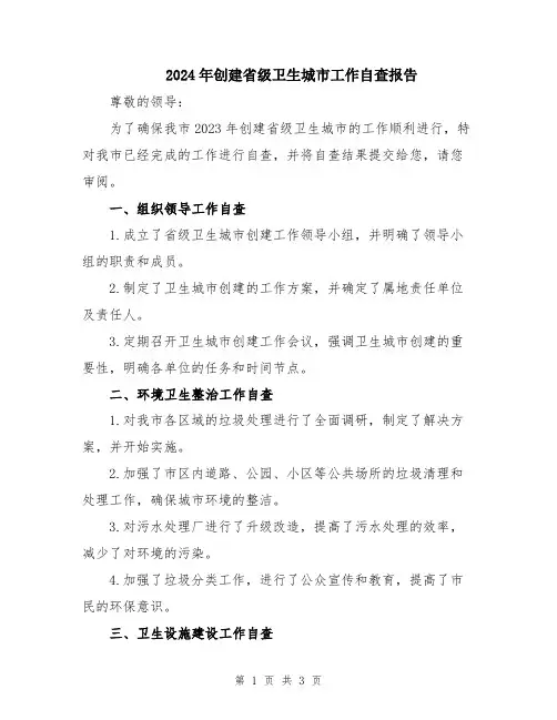 2024年创建省级卫生城市工作自查报告