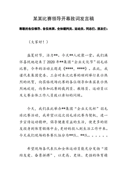 某某羽毛球比赛活动领导致辞发言稿