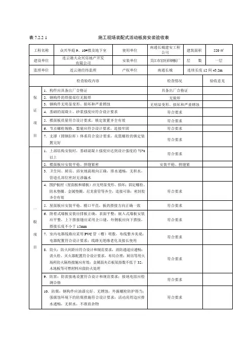 施工现场装配式活动板房安装验收表