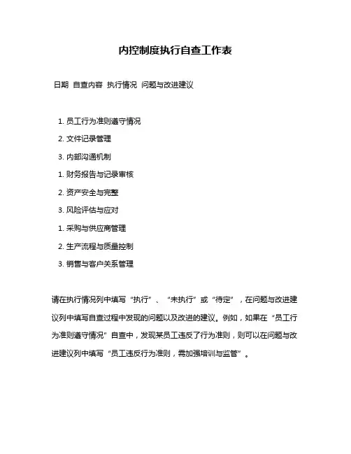 内控制度执行自查工作表