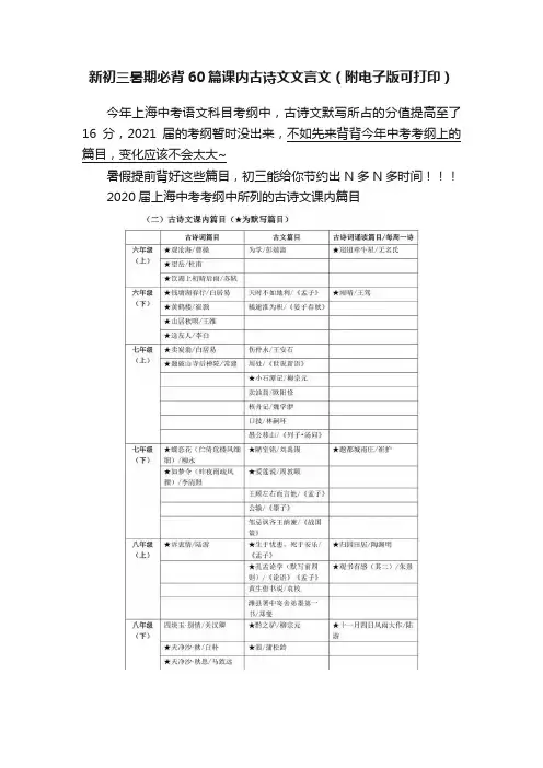 新初三暑期必背60篇课内古诗文文言文（附电子版可打印）