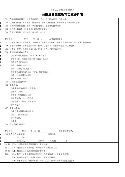 住院患者健康教育实施评价表