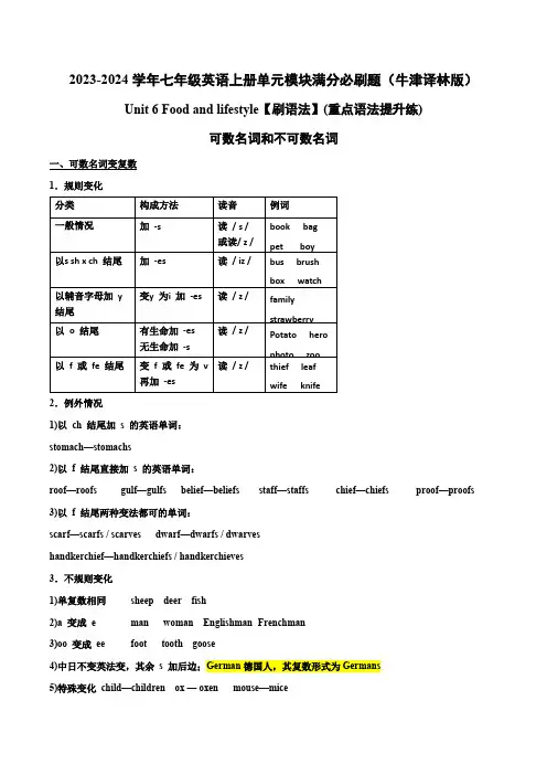 Unit 6【刷语法】可数名词和不可数名词(重点语法提升练)-2023-2024学年七年级英语上册单