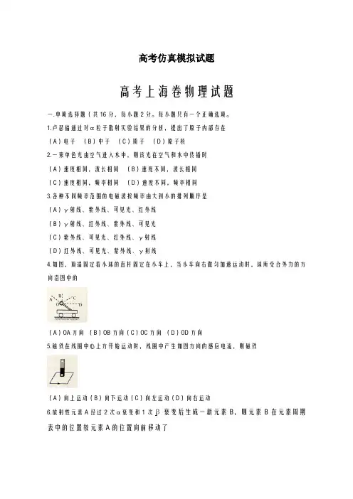 2020-2021学年上海市高考仿真模拟物理试题及答案解析