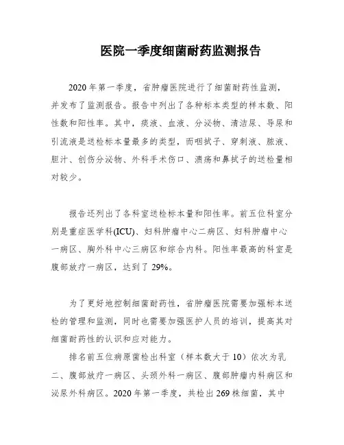 医院一季度细菌耐药监测报告
