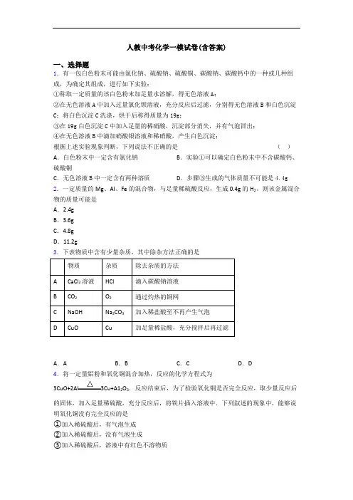 人教中考化学一模试卷(含答案)