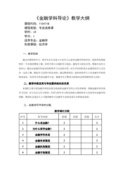 金融学科导论-教学大纲