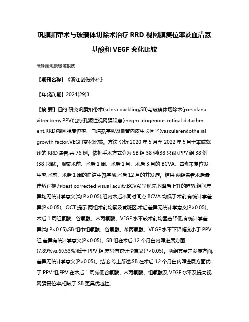 巩膜扣带术与玻璃体切除术治疗RRD视网膜复位率及血清氨基酸和VEGF变化比较