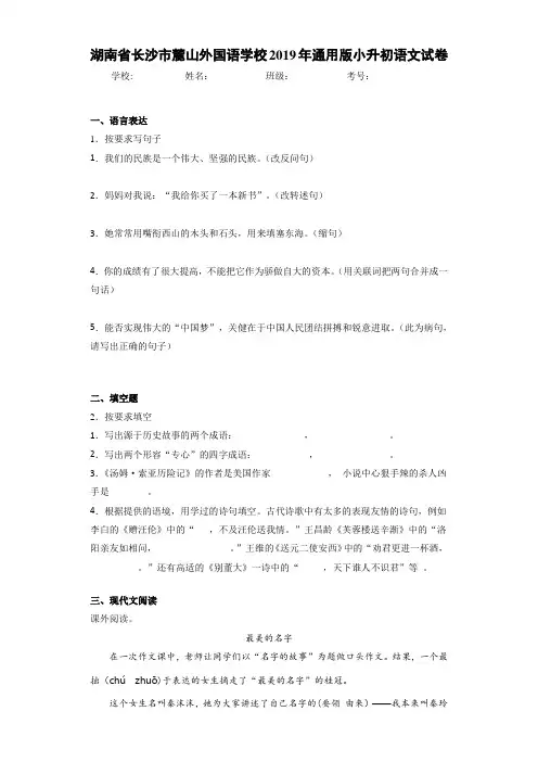 湖南省长沙市麓山外国语学校2019年通用版小升初语文试卷(答案解析)