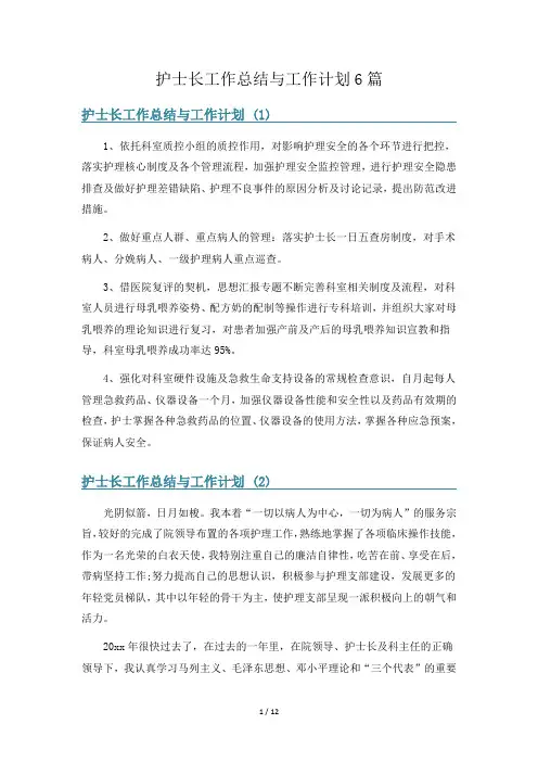 护士长工作总结与工作计划6篇