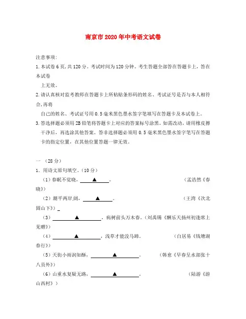 江苏省南京市2020年中考语文真题试题(含答案)